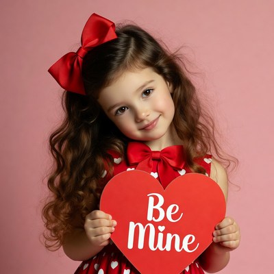 Girl holding Be Mine heart