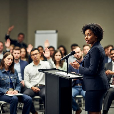 African-American woman speaking at podium