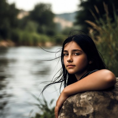 Girl leaning on rock by river