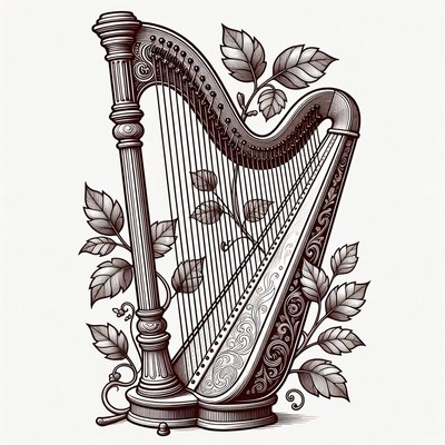 Ornate Harp with Leaves Illustration