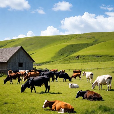 Cows grazing green pasture barn
