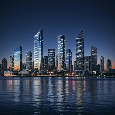 Modern skyscrapers reflecting in river at dusk