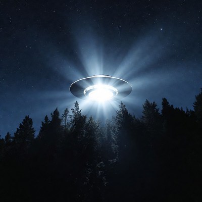 UFO hovering over pine trees