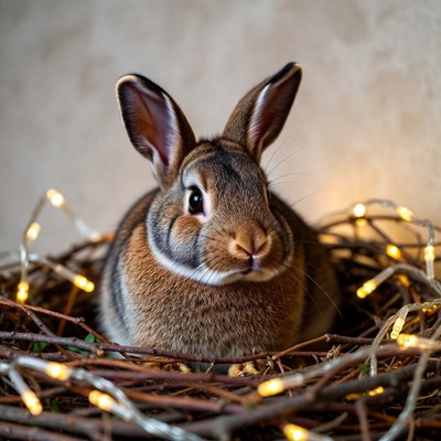 Rabbit in nest with fairy lights