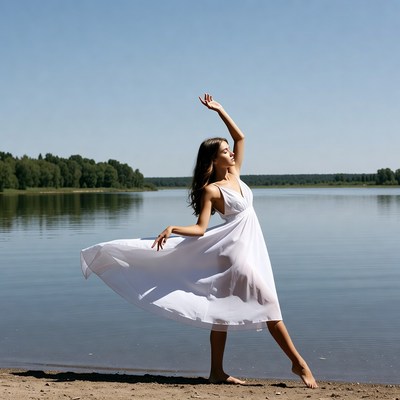 Woman dancing in white dress by lake