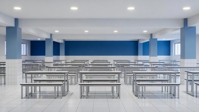 Empty School Cafeteria with Blue Walls
