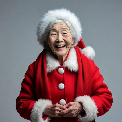Elderly Asian woman in Santa hat