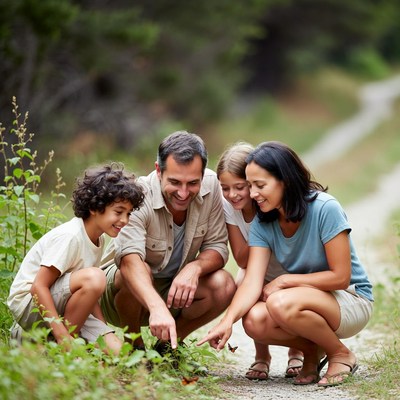 Family discovering butterfly in forest