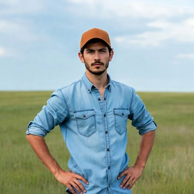 Man in cap standing in green field