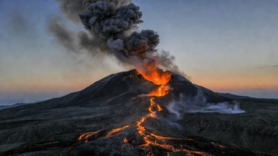 Erupting Volcano at Sunset