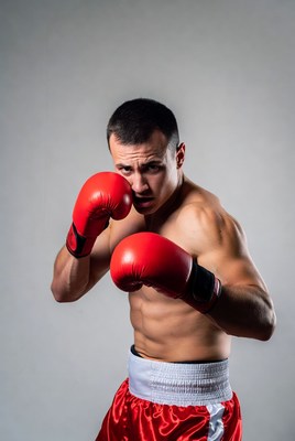 Muscular man in red boxing gloves