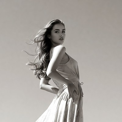 Woman with flowing hair in dress