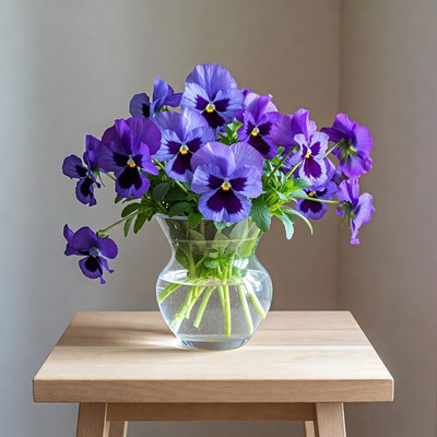 Purple Pansies in Glass Vase