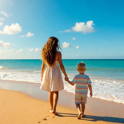 Mother and son walking on beach