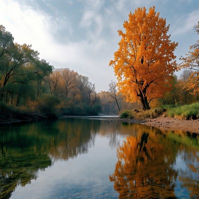 Bright orange tree by river reflection
