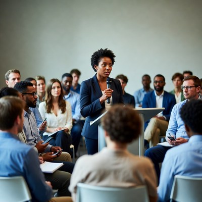 African-American woman speaking at business meeting
