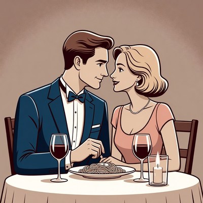 Romantic couple sharing pasta dinner