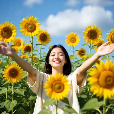 Asian woman arms outstretched in sunflower field