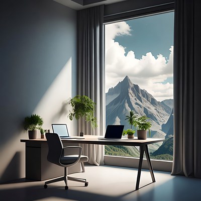 Modern office desk with mountain view