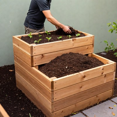 Man planting seedlings in raised garden beds
