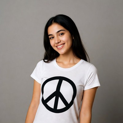 Smiling woman in peace sign t-shirt