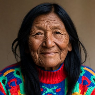 Indigenous woman smiling in colorful sweater