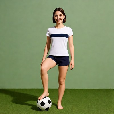 Young woman balancing soccer ball barefoot