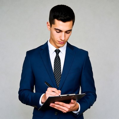 Young man writing on clipboard