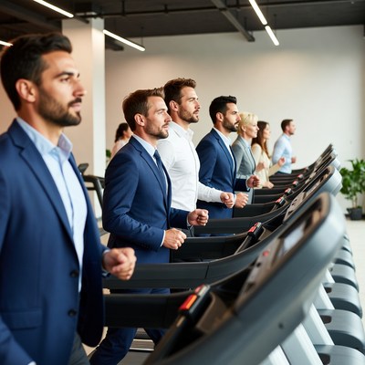 Business professionals running on treadmills