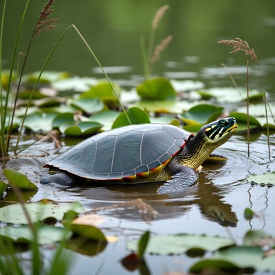 Green turtle swimming among lily pads