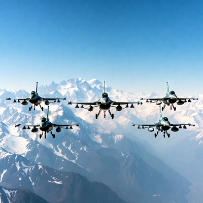 F-16 Fighter Jets Flying Over Snowy Mountains