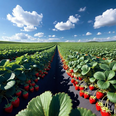 Strawberry Field Rows Under Blue Sky