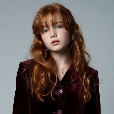 Girl with red hair in burgundy suit