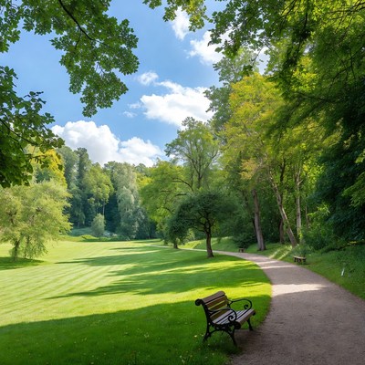 Wooden bench on park path