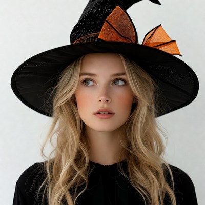 Blonde woman wearing witch hat