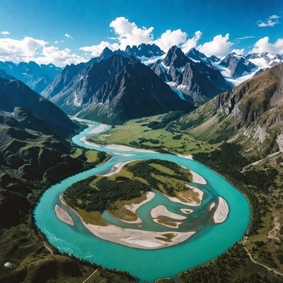 Turquoise River Meandering Through Mountains