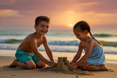 Boy and Girl Building Sandcastle on Beach