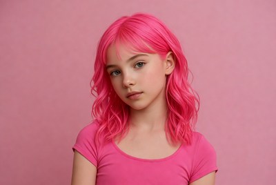 Girl with pink hair on pink background