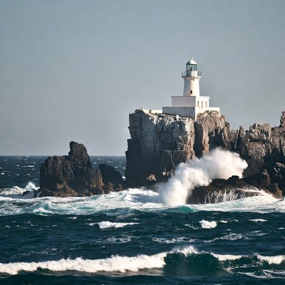 White lighthouse on rocky cliffs with crashing waves