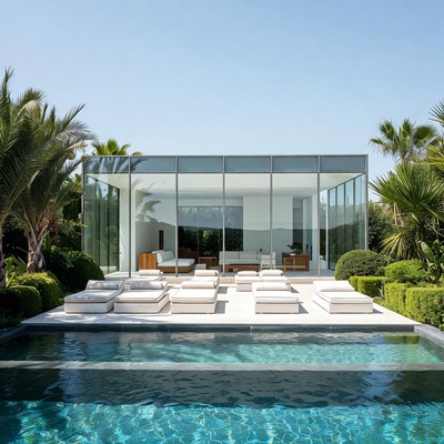 Modern Glass House Pool Palms