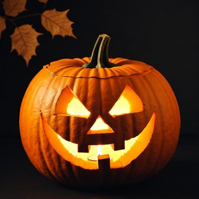 Lit Jack-o-Lantern with Autumn Leaves