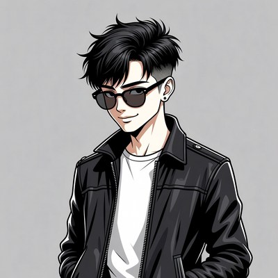 Anime boy in leather jacket and sunglasses