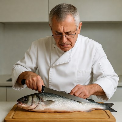 Chef filleting fish on cutting board