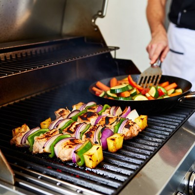 Man grilling chicken veggie skewers