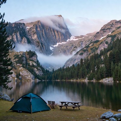 Green tent by lake in misty mountains