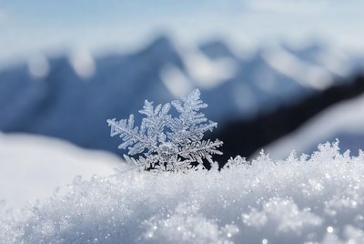 Snowflake on Snow with Mountains