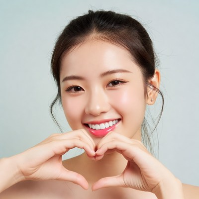 Asian woman making heart hands