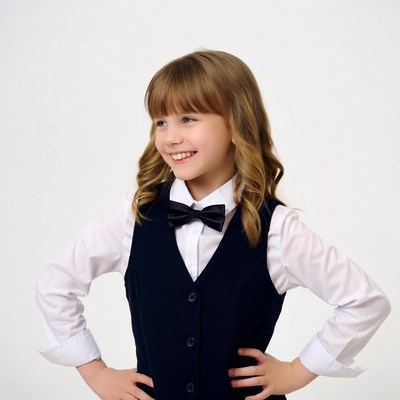 Girl in navy school uniform smiling
