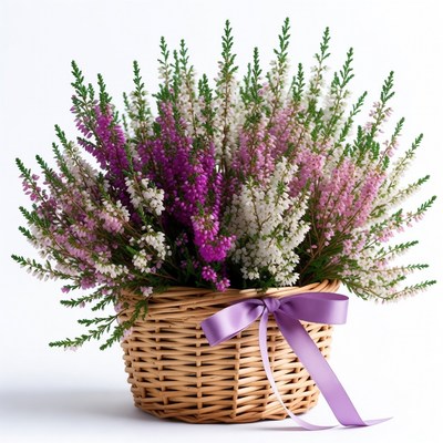 Purple heather flowers in basket