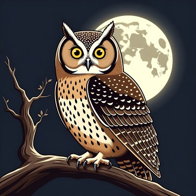 Owl perched on branch under moon